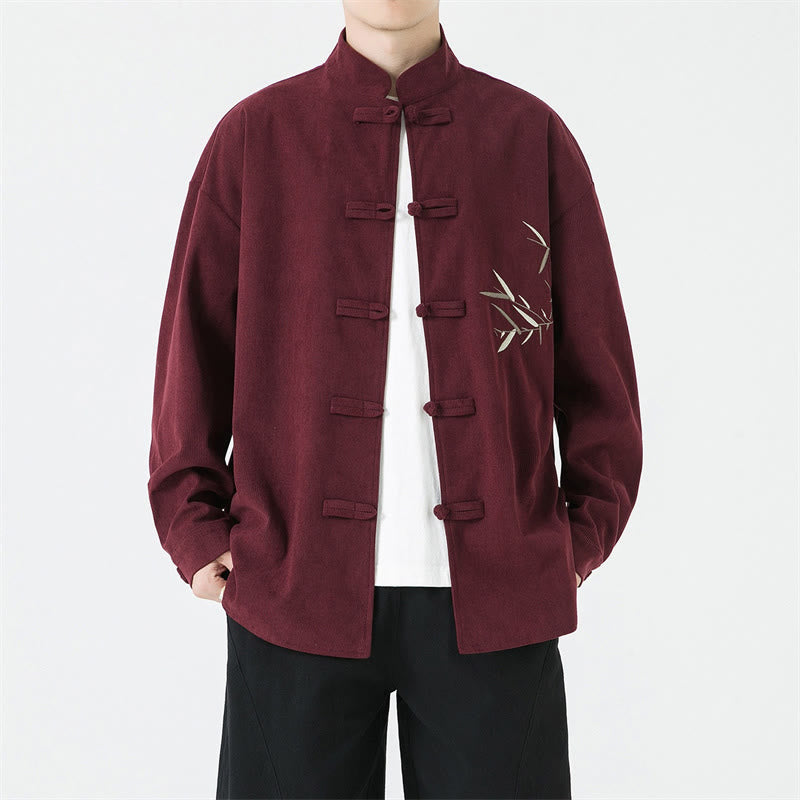 Buddha Stones Chaqueta de hombre de pana con bordado de bambú y botones de rana estilo Tang vintage para otoño/invierno. - Granate - US/UK/AU46, EU56 (5XL) - image 0