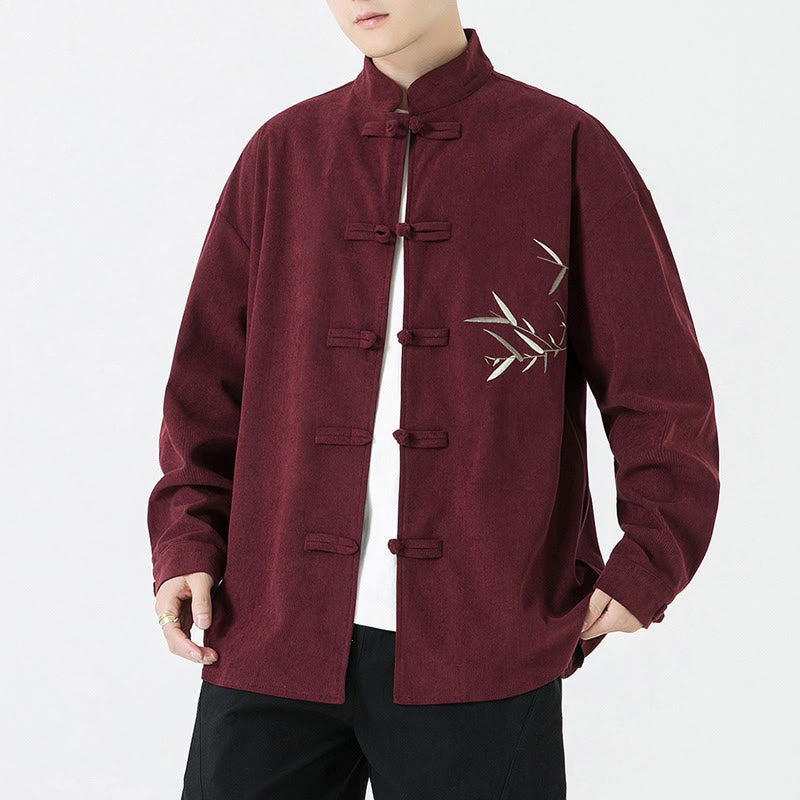 Buddha Stones Chaqueta de hombre de pana con bordado de bambú y botones de rana estilo Tang vintage para otoño/invierno. - image 1