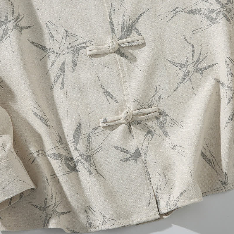 Buddha Stones Camisas de manga larga para hombre con estampado de bambú y botones de rana, estilo casual de primavera. - image 10