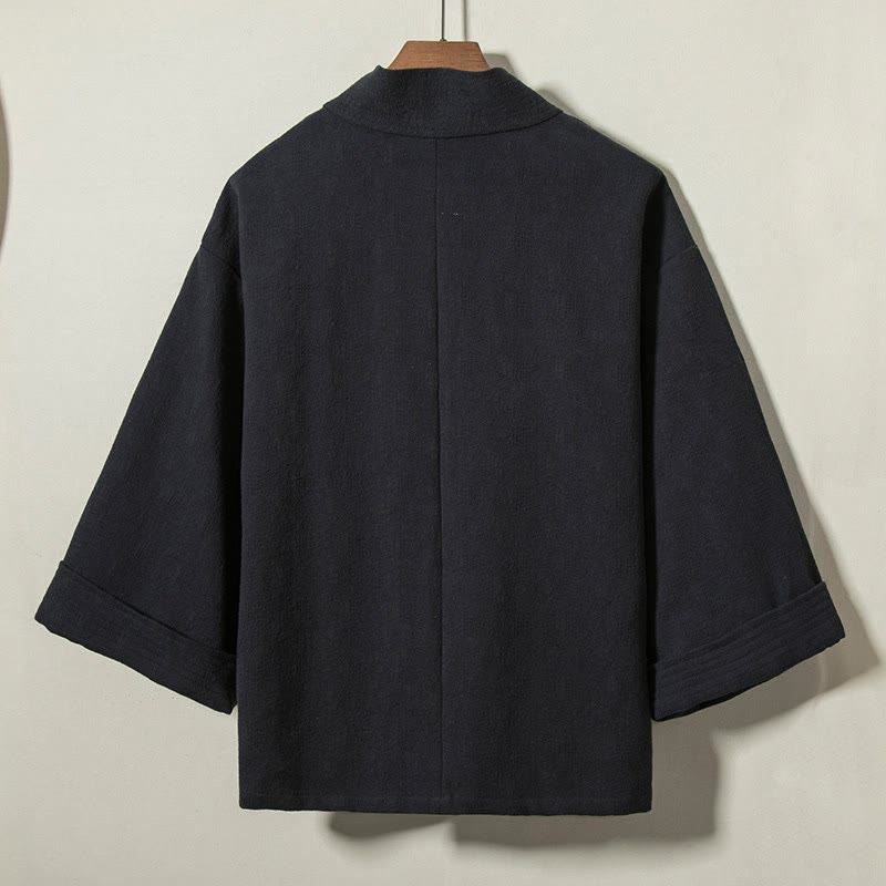 Buddha Stones Kimono minimalista de algodón liso para hombre, con cuello en V, cordón ajustable y estilo otoño/invierno. - image 1
