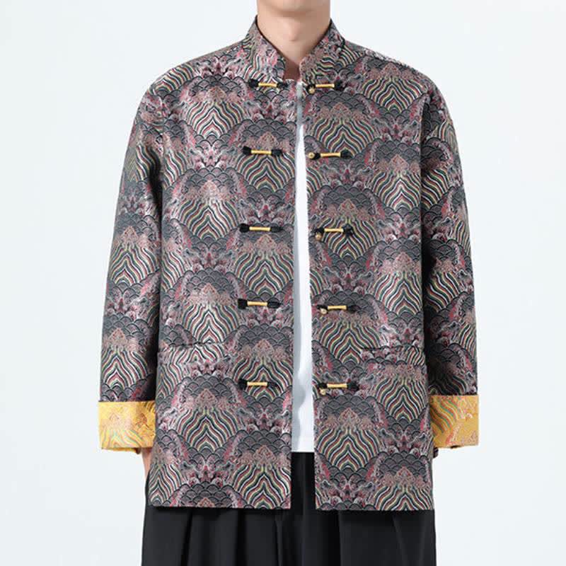 Buddha Stones Chaqueta de hombre de spandex con bolsillos, estilo vintage Tang, botones de rana, diseño abstracto de estampado oceánico, para otoño/invierno. - image 1