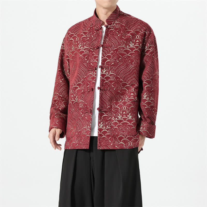 Buddha Stones Chaqueta de hombre de spandex con cuello mandarín vintage, botones de rana y estampado de nubes, estilo otoño-invierno, con bolsillos. - image 1