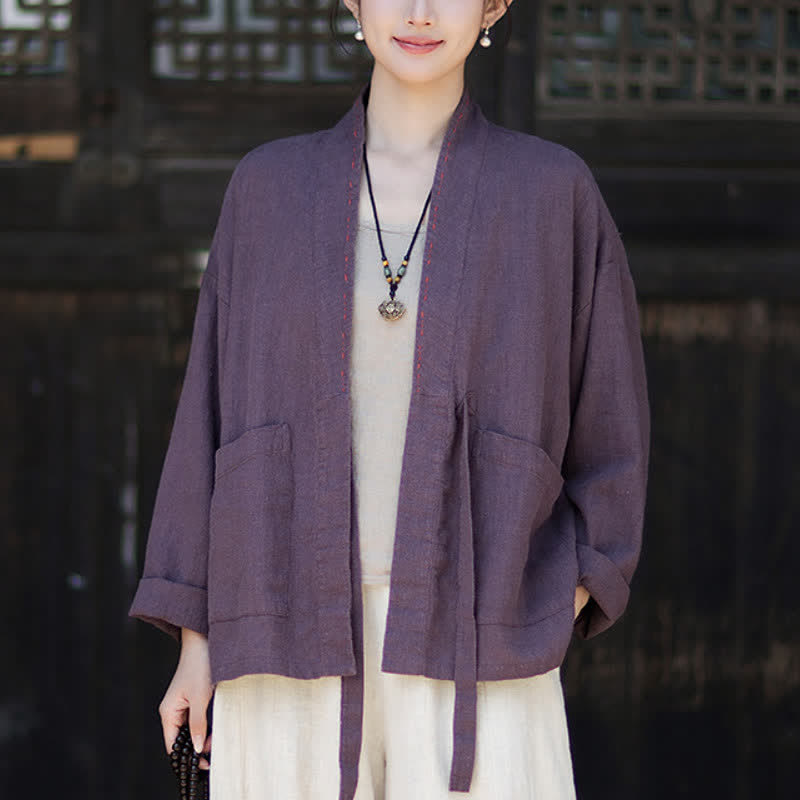 Buddha Stones Kimono de mujer de ramio liso, minimalista, informal, para primavera/verano, con bolsillos. - RebeccaPurple - US4-6, UK/AU8-10, EU36-38 (F) - image 0