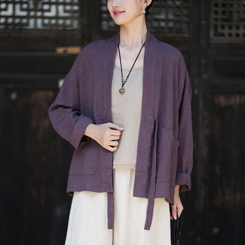 Buddha Stones Kimono de mujer de ramio liso, minimalista, informal, para primavera/verano, con bolsillos. - image 1
