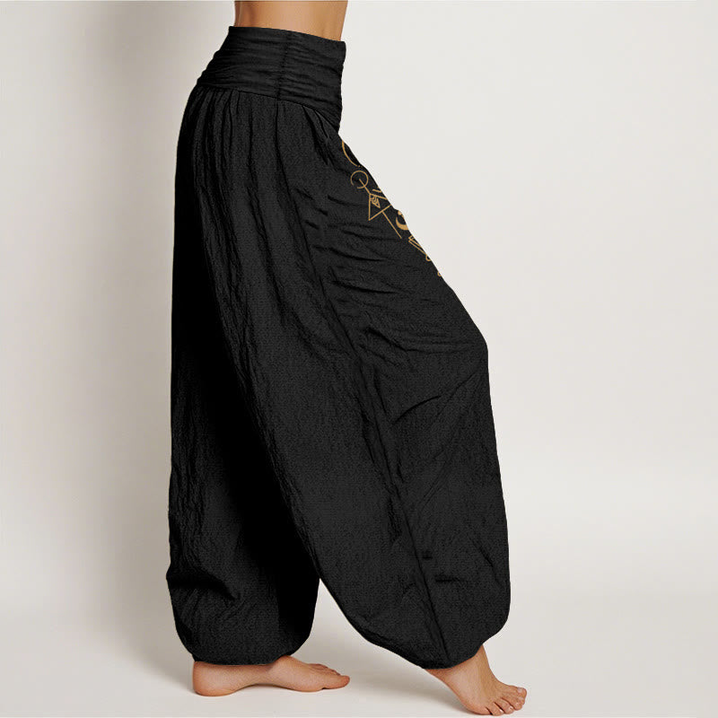 Buddha Stones Pantalones harén de algodón puro con estampado geométrico de sol y luna para mujer, cintura elástica - image 2