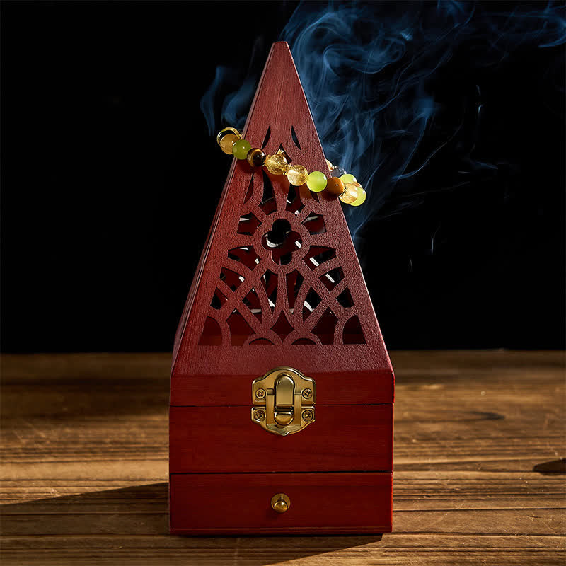 Caja ritual cuadrada de madera natural con Buddha Stones y quemador de incienso para purificación. - image 2