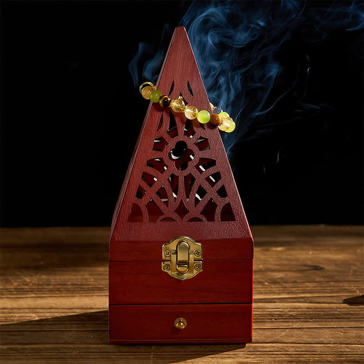 Caja ritual cuadrada de madera natural con Buddha Stones y quemador de incienso para purificación. - image 2