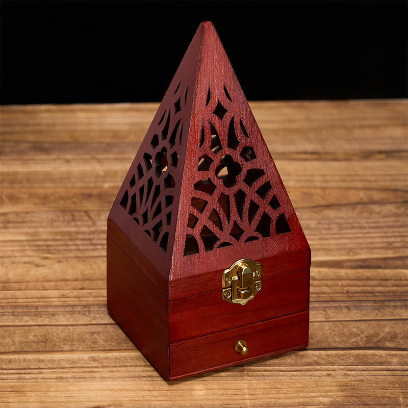 Caja ritual cuadrada de madera natural con Buddha Stones y quemador de incienso para purificación. - Pirámides triangulares altas con grandes agujeros - image 0