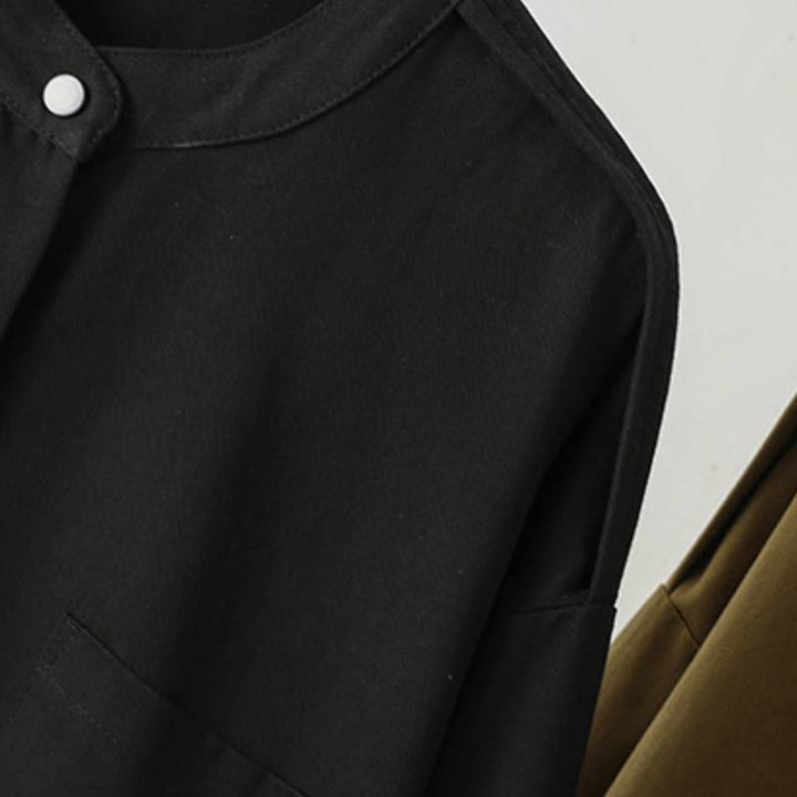 Buddha Stones Chaqueta de mujer de estilo casual otoñal con cuello mandarín y bolsillo de parche. - image 22