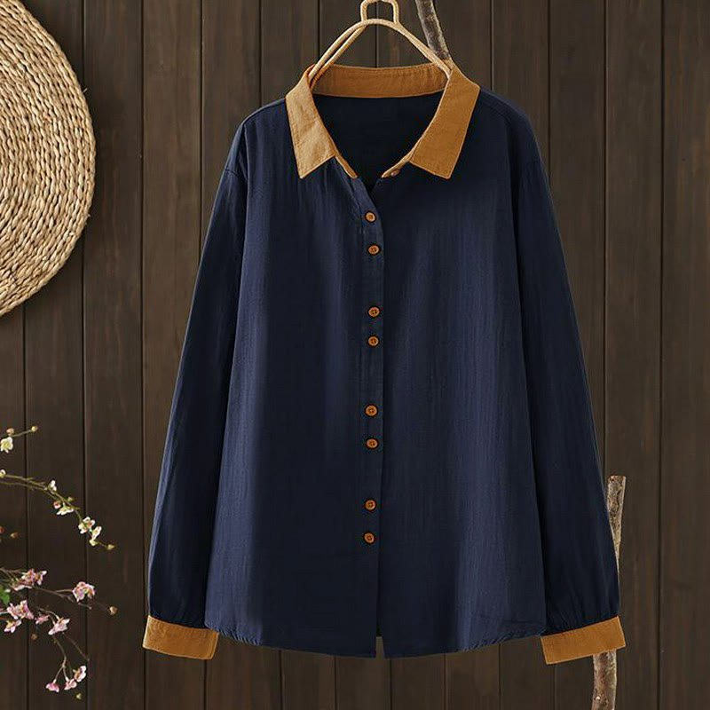 Buddha Stones Camisa de manga larga para mujer, estilo casual vintage, con botones y cuello en contraste, ideal para primavera. - image 2