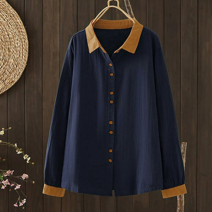 Buddha Stones Camisa de manga larga para mujer, estilo casual vintage, con botones y cuello en contraste, ideal para primavera. - image 2