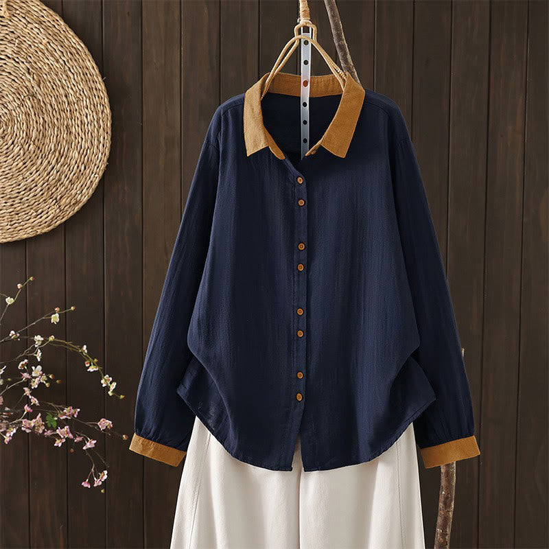 Buddha Stones Camisa de manga larga para mujer, estilo casual vintage, con botones y cuello en contraste, ideal para primavera. - Azul medianoche - US12, UK/AU16, EU44 (3XL) - image 0
