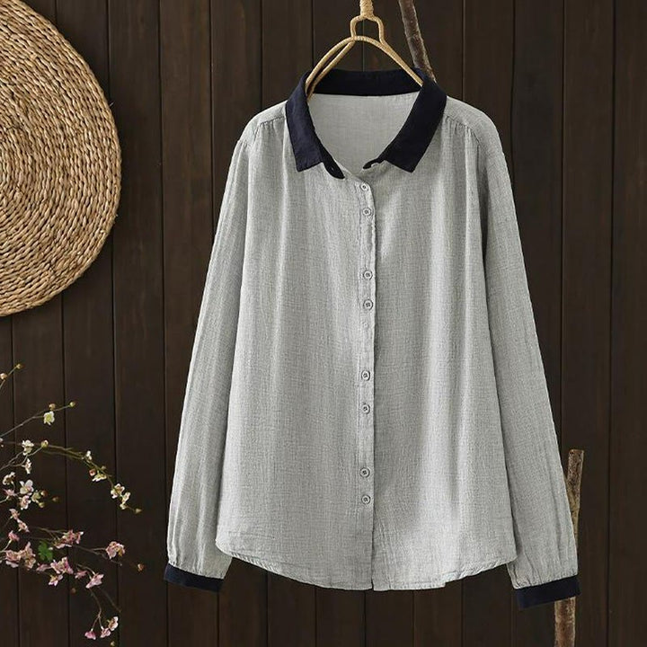 Buddha Stones Camisa de manga larga para mujer, estilo casual vintage, con botones y cuello en contraste, ideal para primavera. - image 12