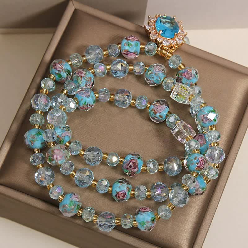 Buddha Stones Pulsera de triple vuelta con dije ovalado floral de cuentas de vidrio Blue Liuli y dije de cristal azul. - image 3