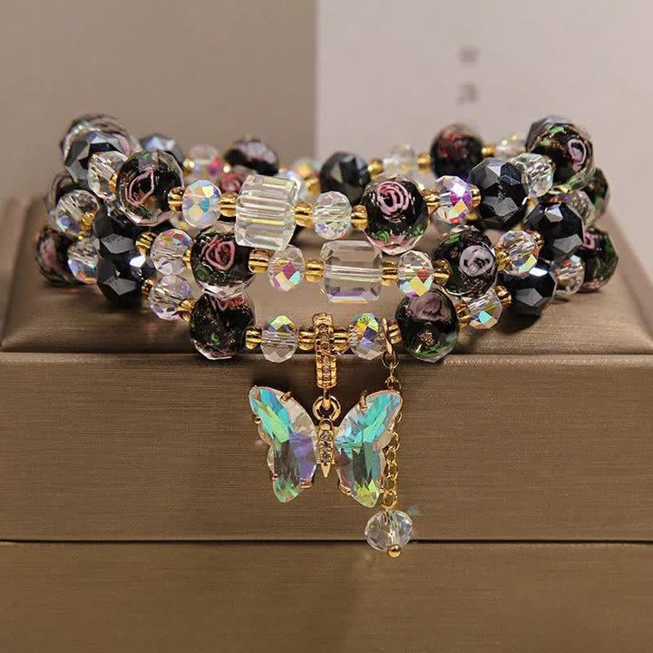 Buddha Stones Pulsera de triple envoltura con dije de mariposa rosa y cuentas de vidrio Black Liuli - image 7