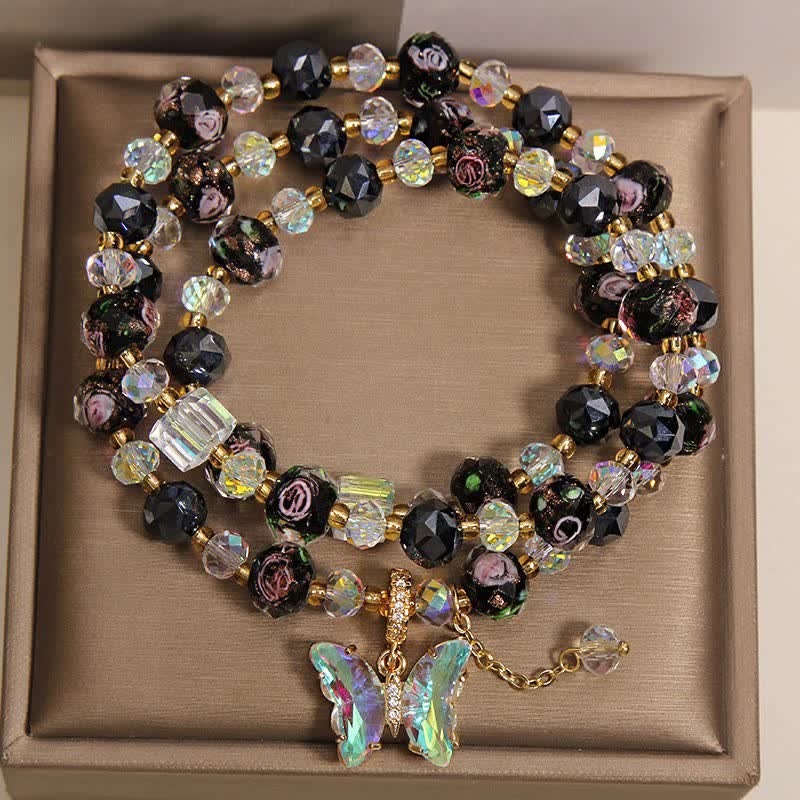 Buddha Stones Pulsera de triple envoltura con dije de mariposa rosa y cuentas de vidrio Black Liuli - image 1