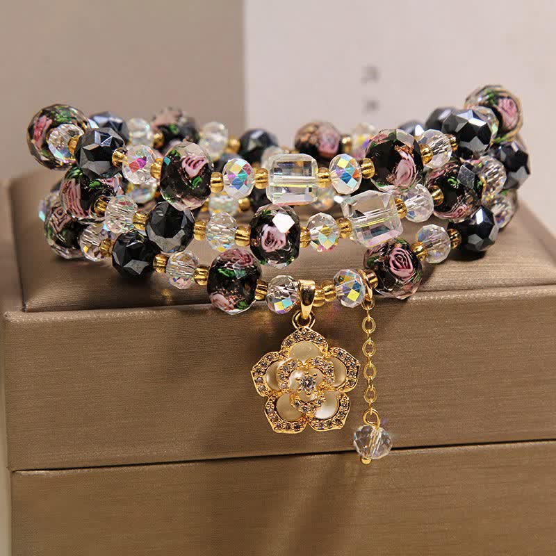 Buddha Stones Pulsera negra Liu Li con dije de flor de camelia y cuentas de vidrio, conexión armónica - image 8
