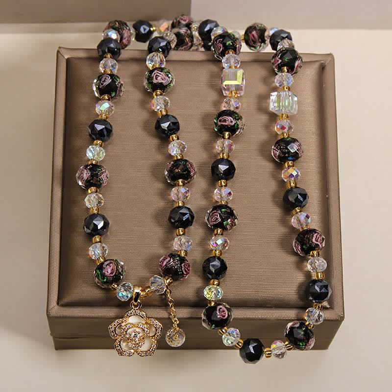 Buddha Stones Pulsera negra Liu Li con dije de flor de camelia y cuentas de vidrio, conexión armónica - image 4