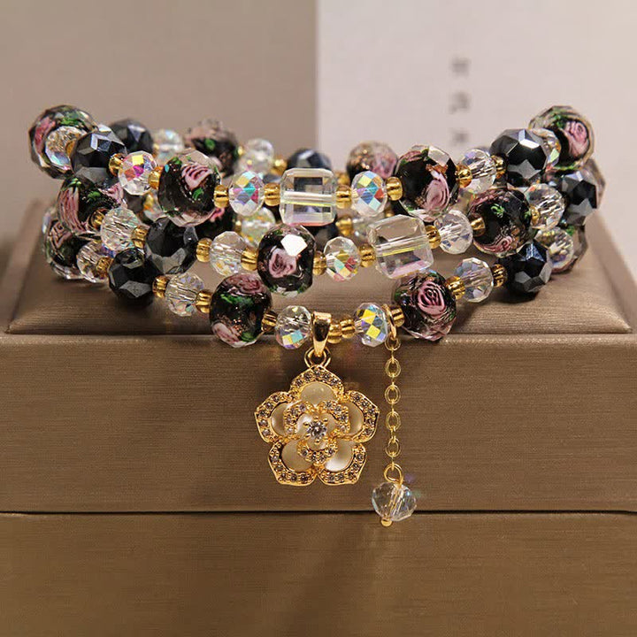 Buddha Stones Pulsera negra Liu Li con dije de flor de camelia y cuentas de vidrio, conexión armónica - Amuleto de camelia negra - image 0