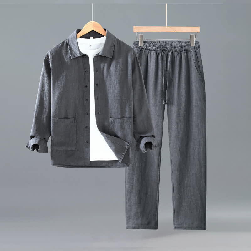 Buddha Stones Camisa de ramio lisa, estilo casual, con botones, para hombre, ideal para meditación, con bolsillos, perfecta para primavera y otoño. - Gris oscuro - US/UK/AU42, EU52 (3XL) - image 0