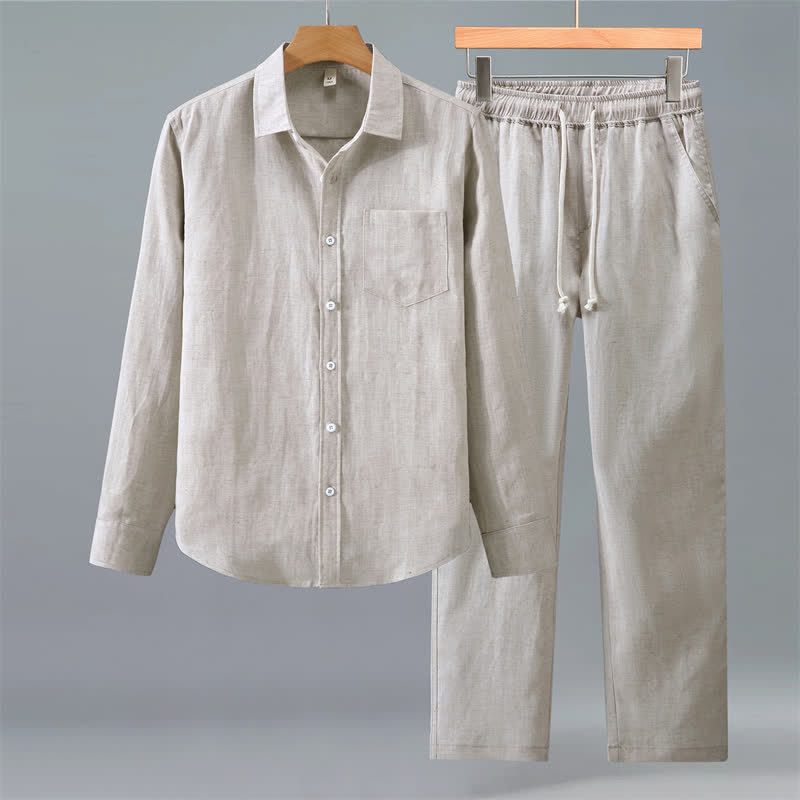 Buddha Stones Conjunto de 2 piezas para hombre: camisa y pantalón casuales con botones, ideales para primavera y otoño. También disponible en ropa de meditación con bolsillos. - Beige - US/UK/AU42, EU52 (3XL) - image 0