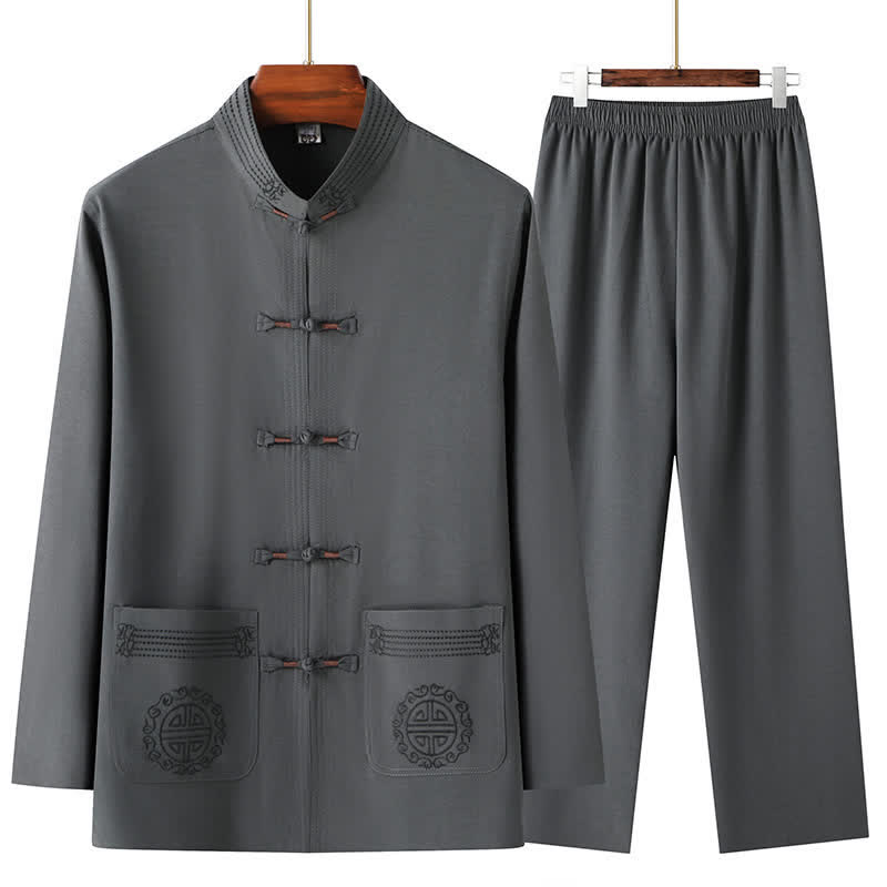 Buddha Stones Conjunto de 2 piezas de camisa y pantalón estilo Tang casual con cuello mandarín y botones de rana, ideal para primavera y otoño. También disponible como prenda de meditación para hombre con bolsillos. - Gris oscuro - US/UK/AU44, EU54 (4XL) - image 0