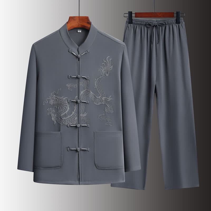 Buddha Stones Conjunto de 2 piezas de primavera y otoño estilo Tang con cuello mandarín, botones de rana y bordado de dragón. Camisa y pantalón para hombre, ropa de meditación con bolsillos. - Gris oscuro - US/UK/AU44, EU54 (4XL) - image 0