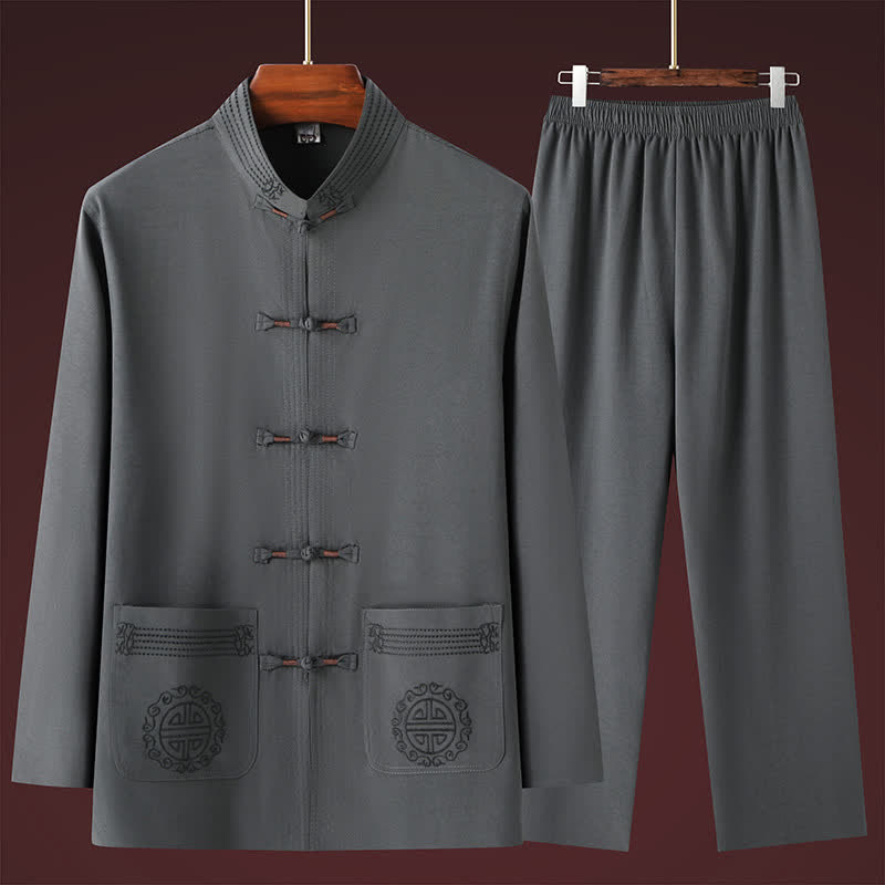 Buddha Stones Conjunto de 2 piezas de camisa y pantalón estilo Tang casual con cuello mandarín y botones de rana, ideal para primavera y otoño. También disponible como prenda de meditación para hombre con bolsillos. - image 1