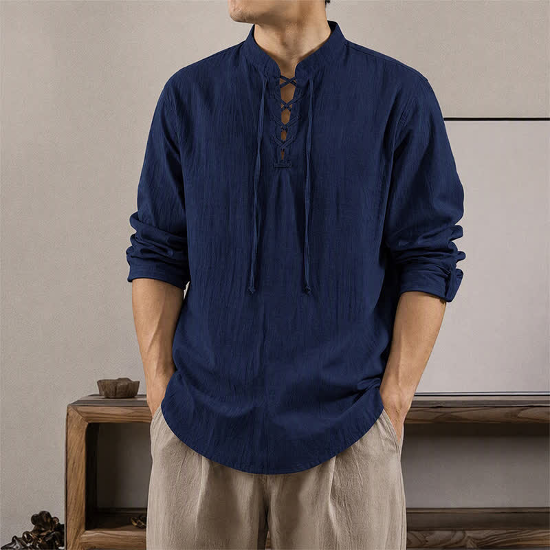 Buddha Stones Camisas de manga larga para hombre, estilo casual Tang, con cordón ajustable, de algodón y lino, para primavera y otoño. - Azul medianoche - US/UK/AU42, EU52 (3XL) - image 0