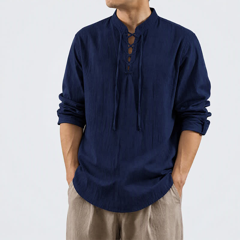 Buddha Stones Camisas de manga larga para hombre, estilo casual Tang, con cordón ajustable, de algodón y lino, para primavera y otoño. - image 1