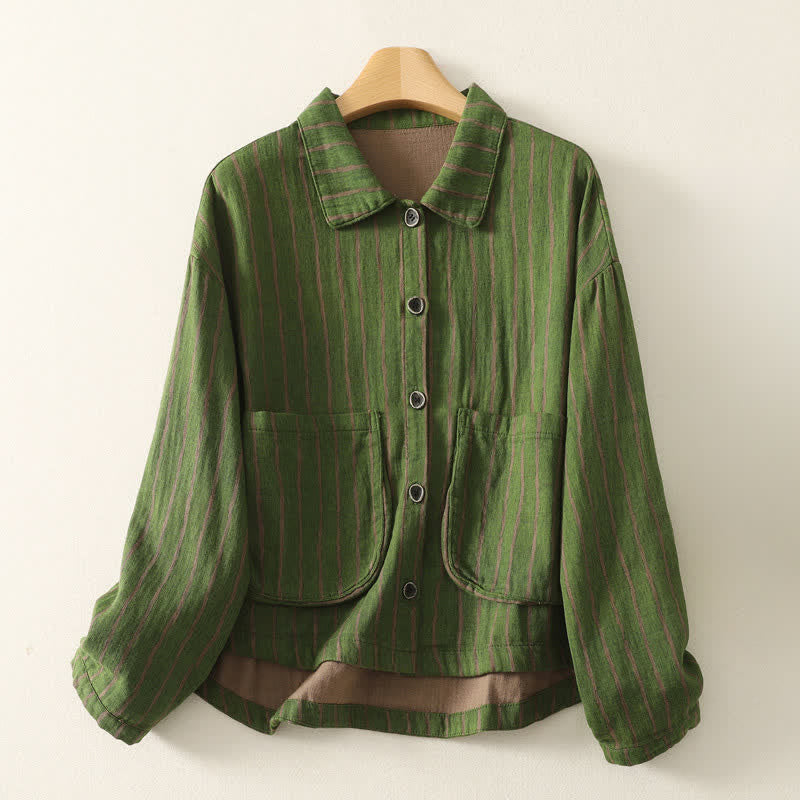 Buddha Stones Chaqueta de mujer informal vintage de otoño con botones, rayas y bolsillos. - Verde mar oscuro - US4-12, UK/AU8-16, EU36-44 (F) - image 6