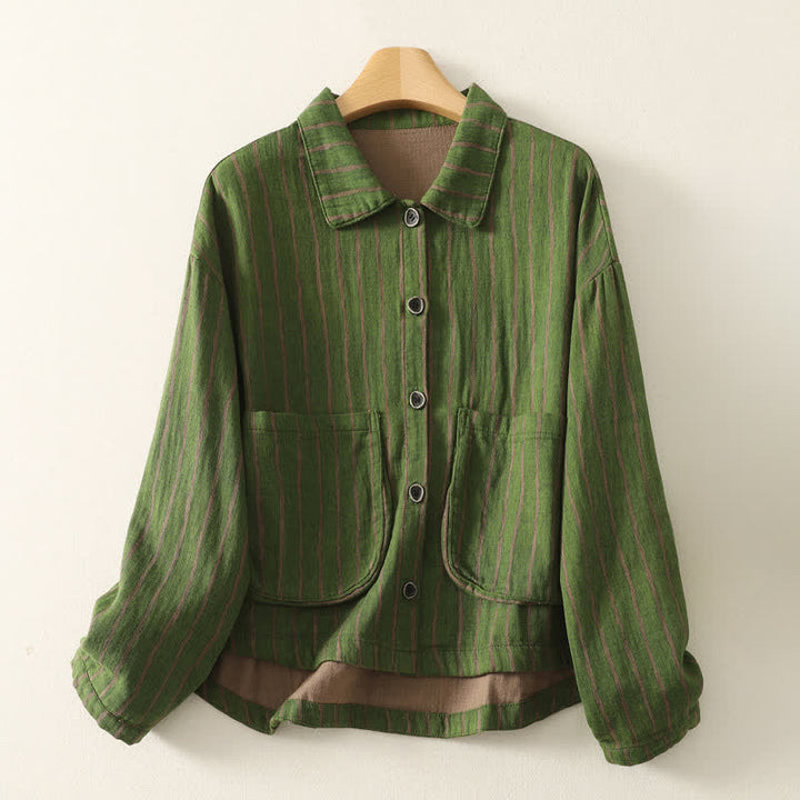 Buddha Stones Chaqueta de mujer informal vintage de otoño con botones, rayas y bolsillos. - Verde mar oscuro - US4-12, UK/AU8-16, EU36-44 (F) - image 6