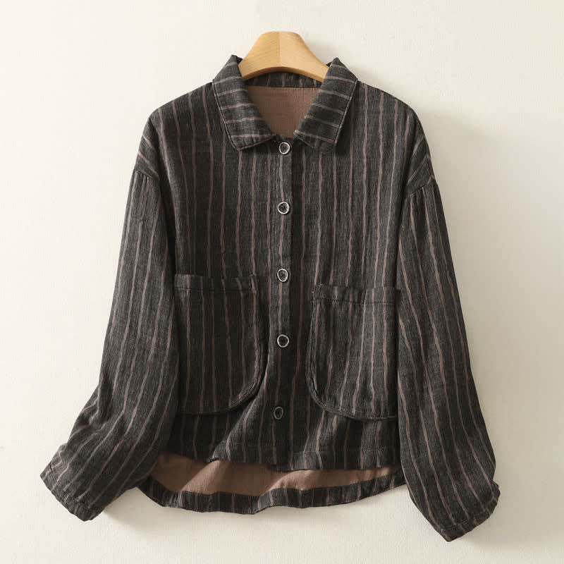 Buddha Stones Chaqueta de mujer informal vintage de otoño con botones, rayas y bolsillos. - Gris oscuro - US4-12, UK/AU8-16, EU36-44 (F) - image 0