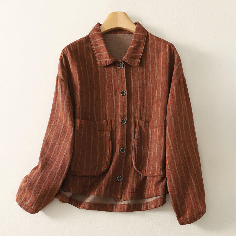 Buddha Stones Chaqueta de mujer informal vintage de otoño con botones, rayas y bolsillos. - Tierra de siena - US4-12, UK/AU8-16, EU36-44 (F) - image 8