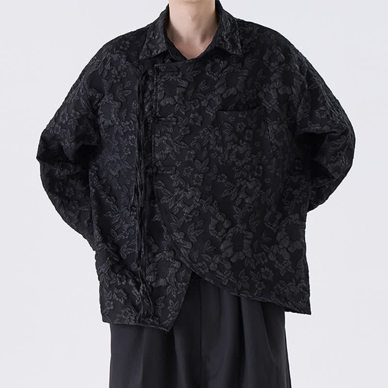 Buddha Stones Camisas de manga larga para hombre con estampado floral jacquard, estilo vintage Tang, con botones de rana, ideales para primavera y otoño. - image 1
