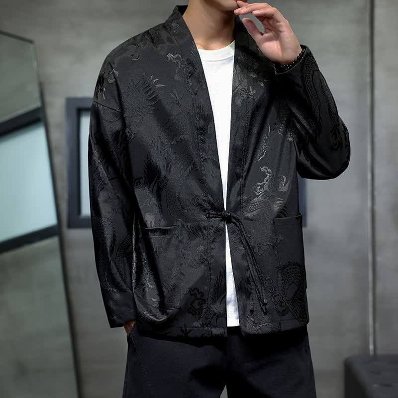 Buddha Stones Kimono de hombre estilo Tang vintage con cordón ajustable y estampado jacquard de dragón, ideal para otoño. - image 1