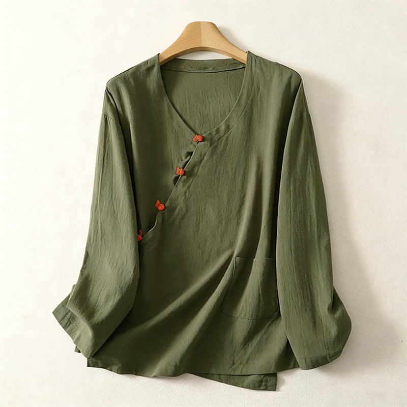 Buddha Stones Camisas de manga larga para mujer Pankou de estilo minimalista Tang para primavera y otoño con bolsillo de parche. - Verde oliva oscuro - US8-10, UK/AU12-14, EU40-42 (2XL) - image 0