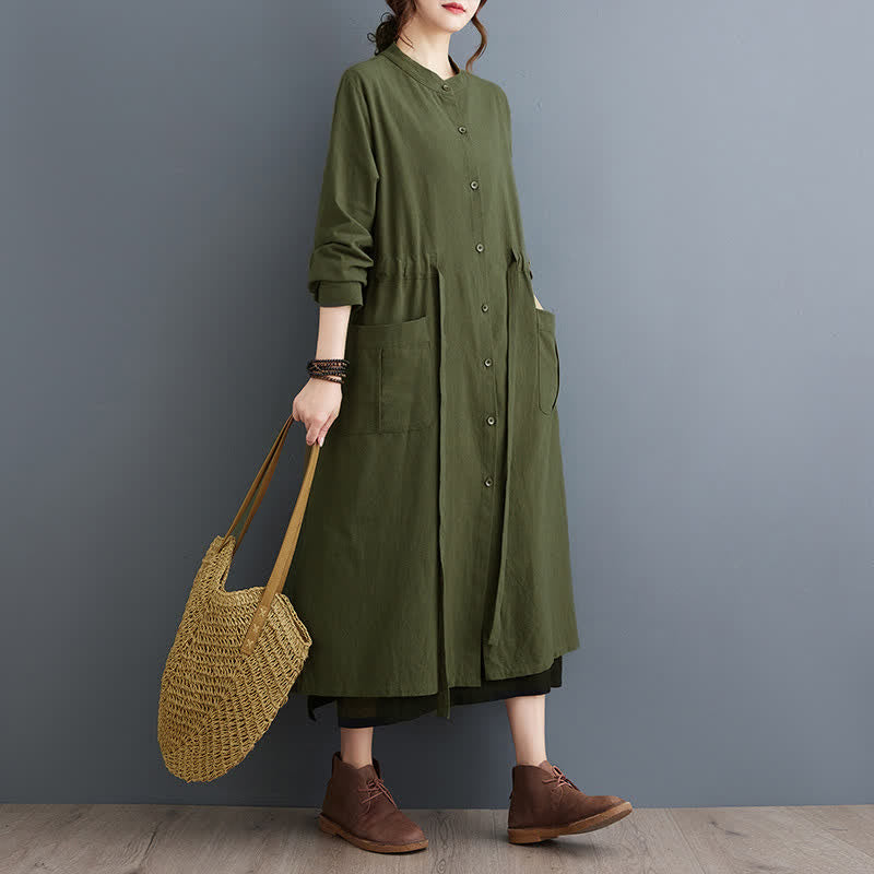 Buddha Stones Vestido de mujer informal de otoño, estilo vintage, con cuello mandarín, botones, cordones, manga larga y bolsillos. - Verde oliva oscuro - US4-8/10, UK/AU8-12/14, EU36-40/42 (F) - image 0