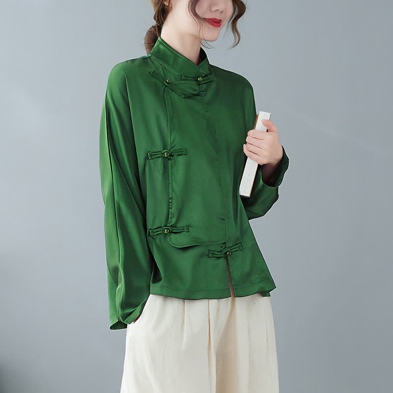 Buddha Stones Camisa de manga larga verde liso para mujer, estilo Tang, elegante, con botones de rana, ideal para primavera. - image 1