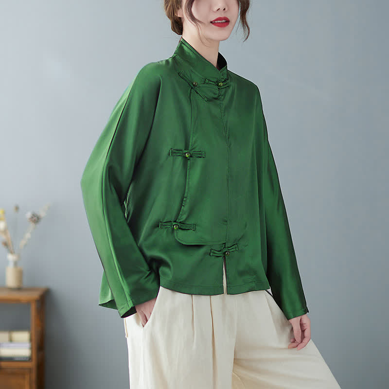 Buddha Stones Camisa de manga larga verde liso para mujer, estilo Tang, elegante, con botones de rana, ideal para primavera. - Verde bosque - US12, UK/AU16, EU44 (2XL) - image 0