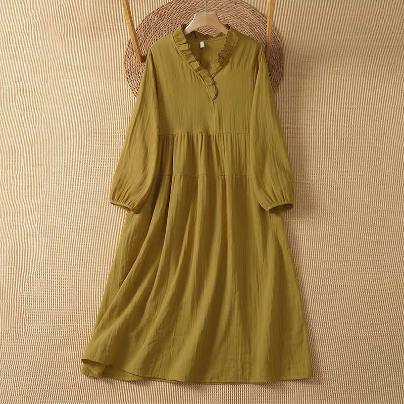 Buddha Stones Vestido largo de manga larga para mujer, estilo bohemio vintage de otoño, con cuello en V y bolsillo. - Caqui oscuro - US14, UK/AU18, EU46 (2XL) - image 8
