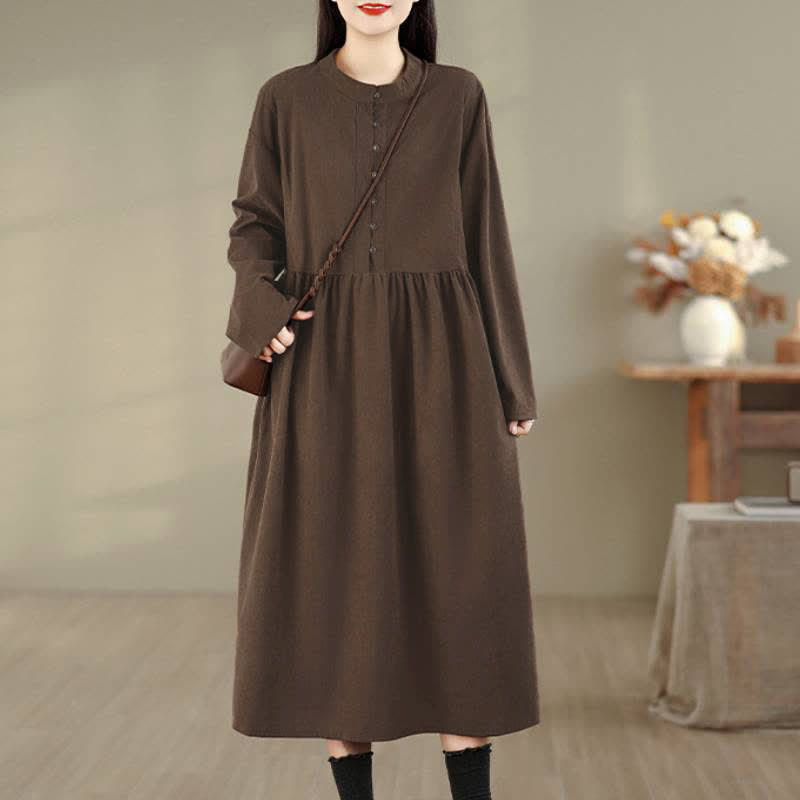 Buddha Stones Vestido de manga larga para mujer, estilo casual minimalista, con cuello redondo y botones, ideal para otoño. - Marrón silla de montar - US8-10, UK/AU12-14, EU40-42 (XL) - image 0