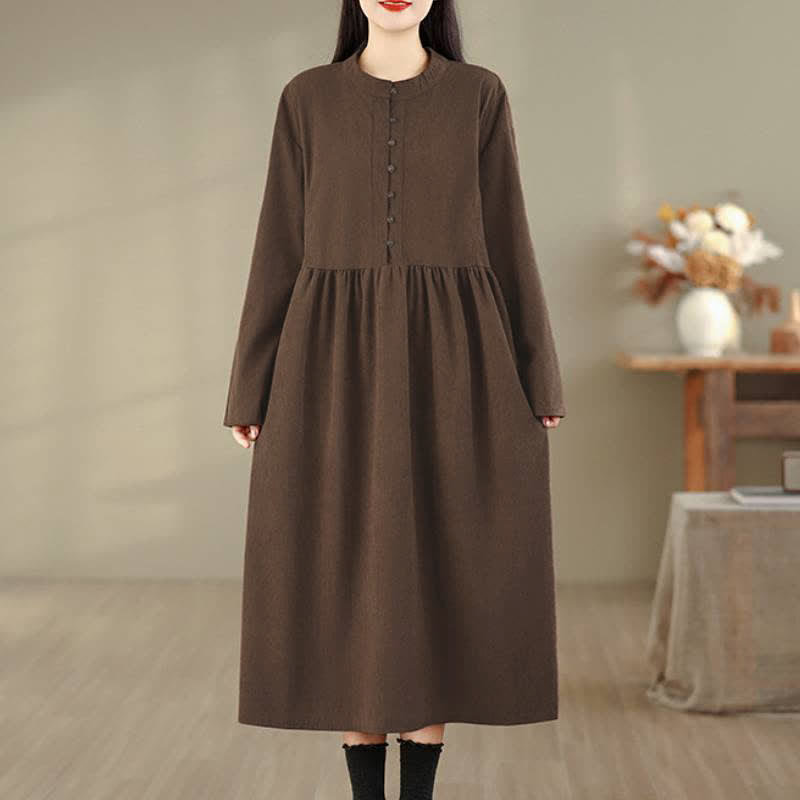 Buddha Stones Vestido de manga larga para mujer, estilo casual minimalista, con cuello redondo y botones, ideal para otoño. - image 1