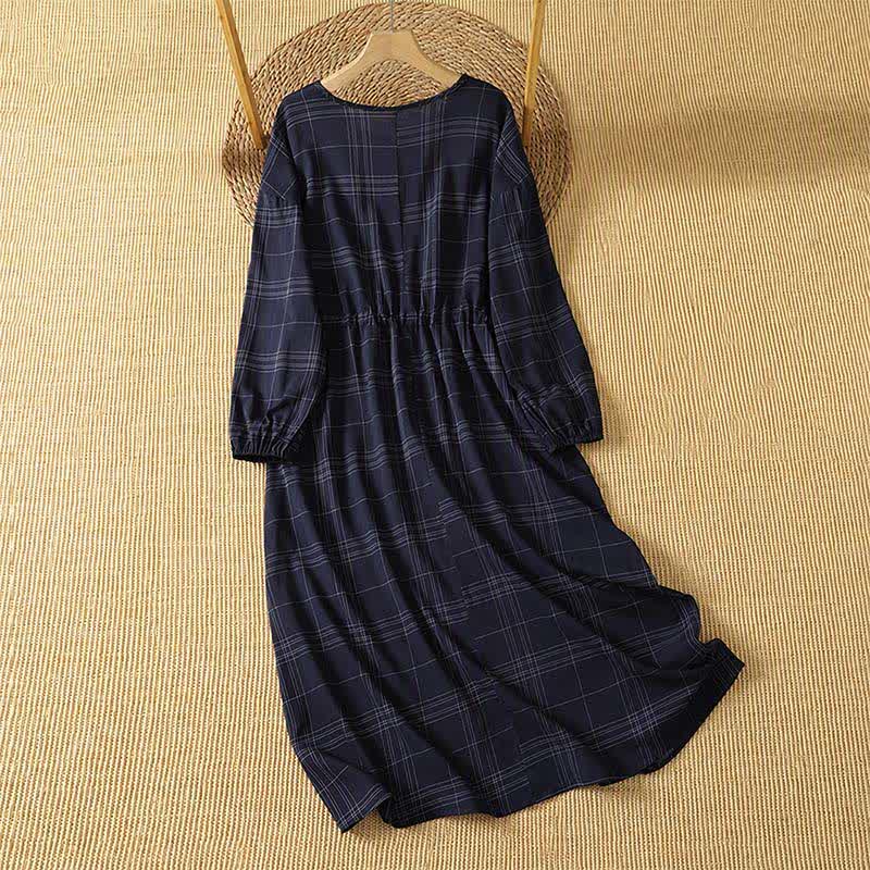 Buddha Stones Vestido de manga larga para mujer, estilo casual vintage, a cuadros azul medianoche, para primavera y otoño. - image 1