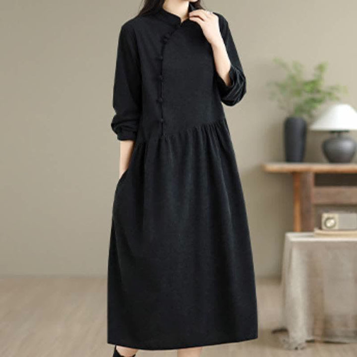 Buddha Stones Vestido largo de manga larga para mujer, de estilo vintage Tang, con botones de rana y bolsillo. - image 11