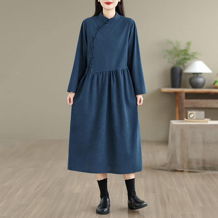 Buddha Stones Vestido largo de manga larga para mujer, de estilo vintage Tang, con botones de rana y bolsillo. - Marina de guerra - US8-10, UK/AU12-14, EU40-42 (2XL) - image 0