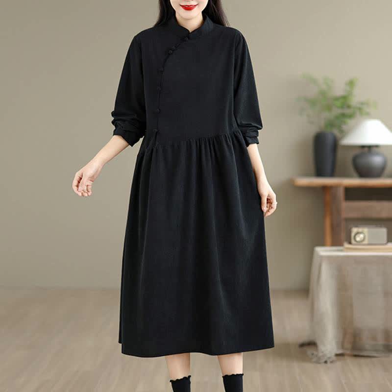 Buddha Stones Vestido largo de manga larga para mujer, de estilo vintage Tang, con botones de rana y bolsillo. - Negro - US8-10, UK/AU12-14, EU40-42 (2XL) - image 10