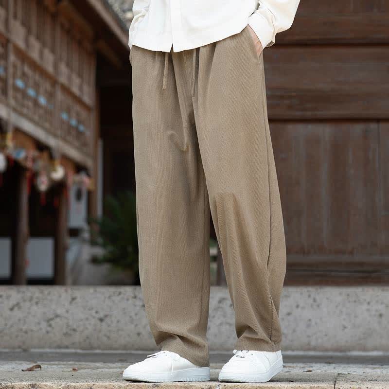 Buddha Stones Pantalones de pana de corte recto para hombre, estilo casual de otoño/invierno, minimalistas, con cordón ajustable y bolsillo. - image 1