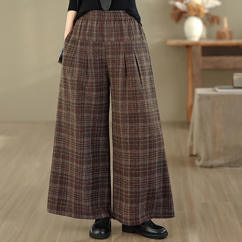 Buddha Stones Pantalones cortos a cuadros de cintura elástica estilo otoño/invierno para mujer, pierna recta, con bolsillo. - image 1