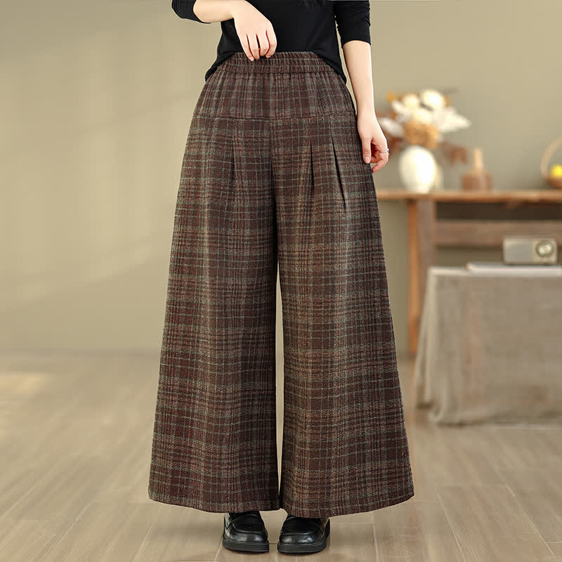 Buddha Stones Pantalones cortos a cuadros de cintura elástica estilo otoño/invierno para mujer, pierna recta, con bolsillo. - Marrón silla de montar - US8-10, UK/AU12-14, EU40-42 (2XL) - image 0